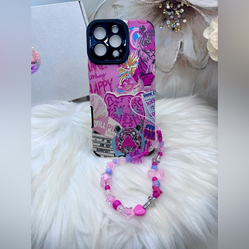 Vibrant Pink Tiger Graphic Themed iPhone 16 Pro Max Case with pink Beaded Strap